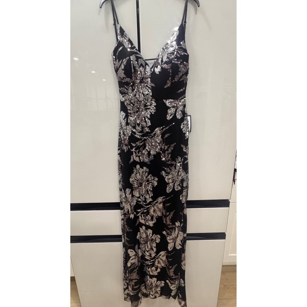 Emerald Sundae Womens Black & Silver Floral Sequin Gown With Spaghetti Straps & - Picture 5 of 7